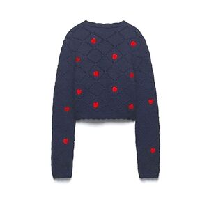 Knit Crochet Cropped Hearts Long Sleeve Sweater Scalloped Hem Navy Medium